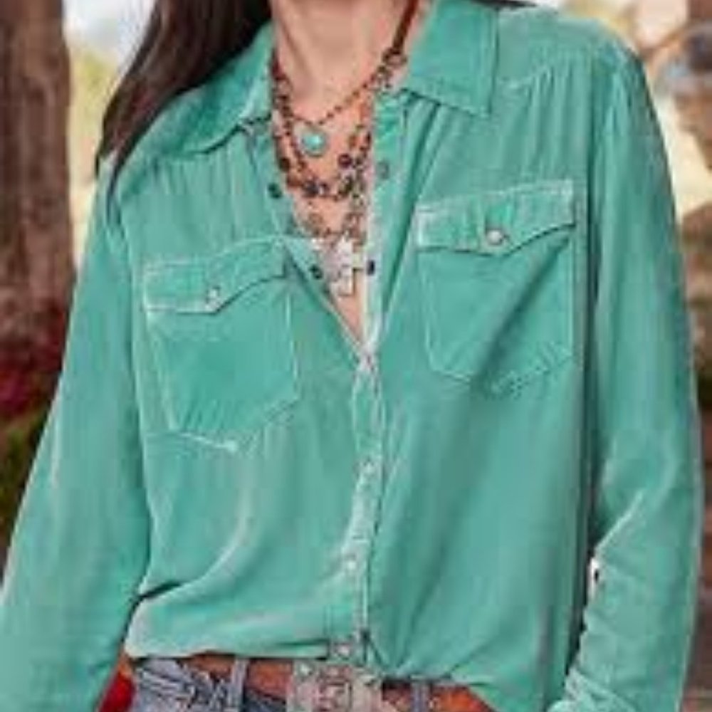 Sundance Top Snap Button Down Western Yoke Crushed Aquamarine Velvet Size Medium - Picture 4 of 11